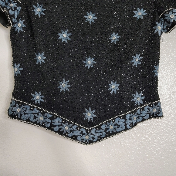 Vintage Papell Boutique Evening Top Womens Small Black Blue Floral Silk Beaded - Picture 3 of 14